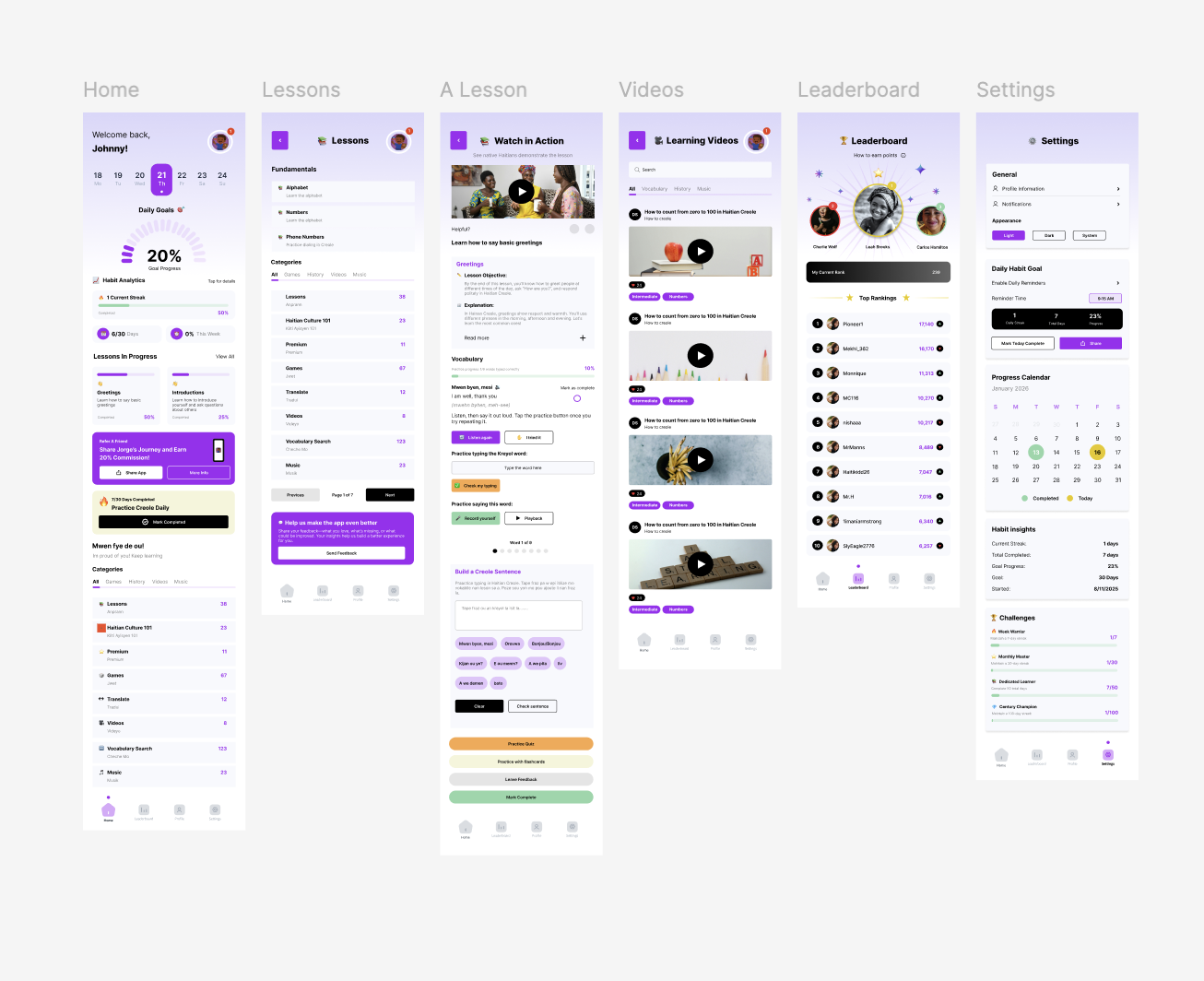 Learn Creole with Jorge wireframes
